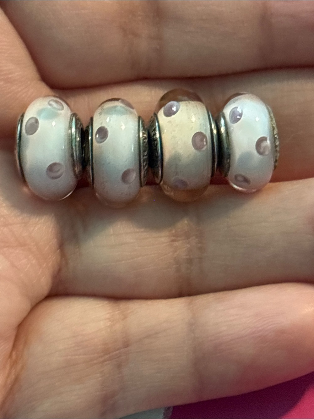 Pandora White Glass Bead Charms with Lilac Dots (Set of 4)